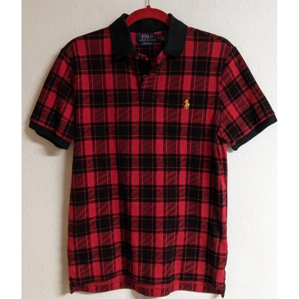 Polo Ralph Lauren Men's Custom Slim Fit Plaid Mesh Polo Shirt Red/Black M
